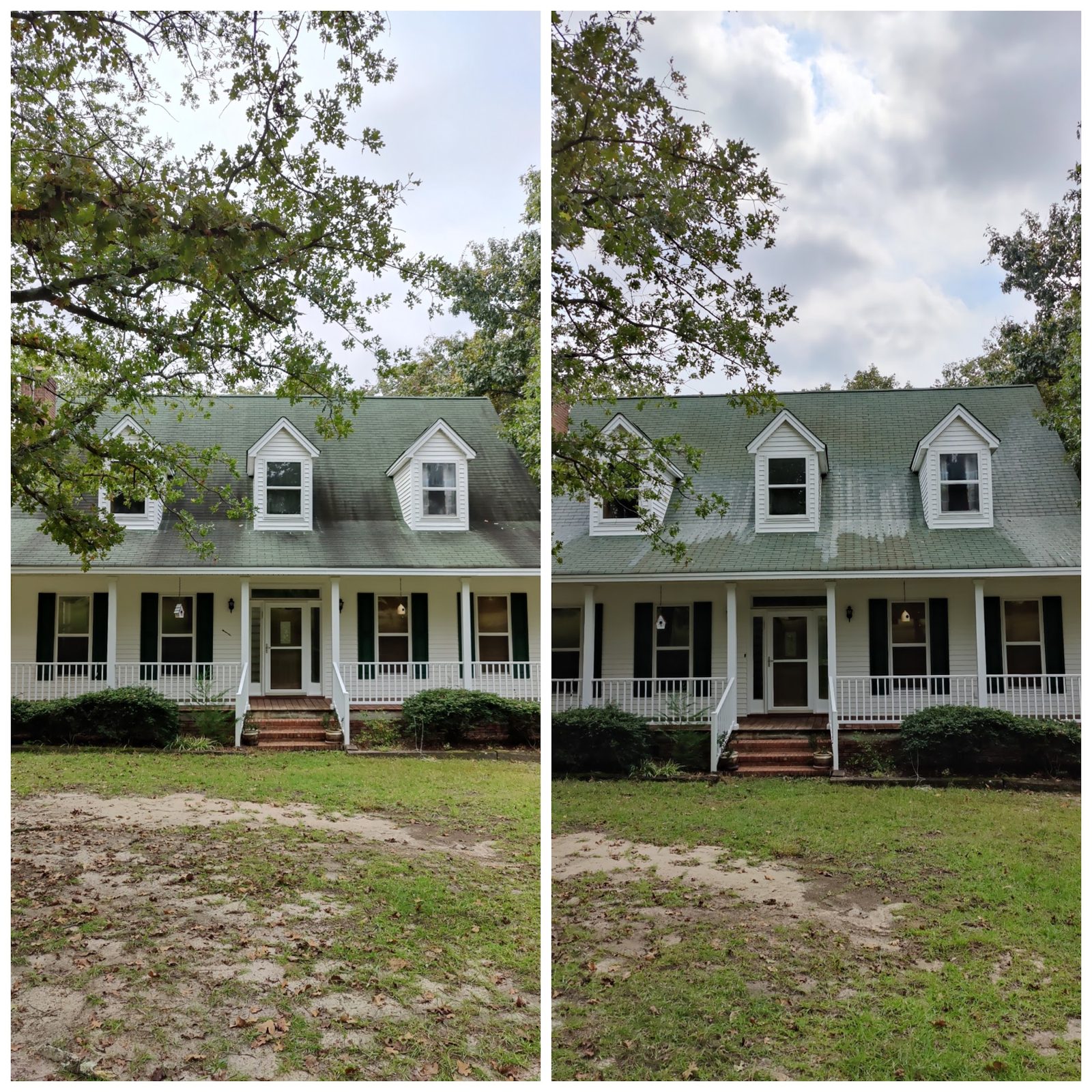 Two-story with dormers, green on the north side before and clean after