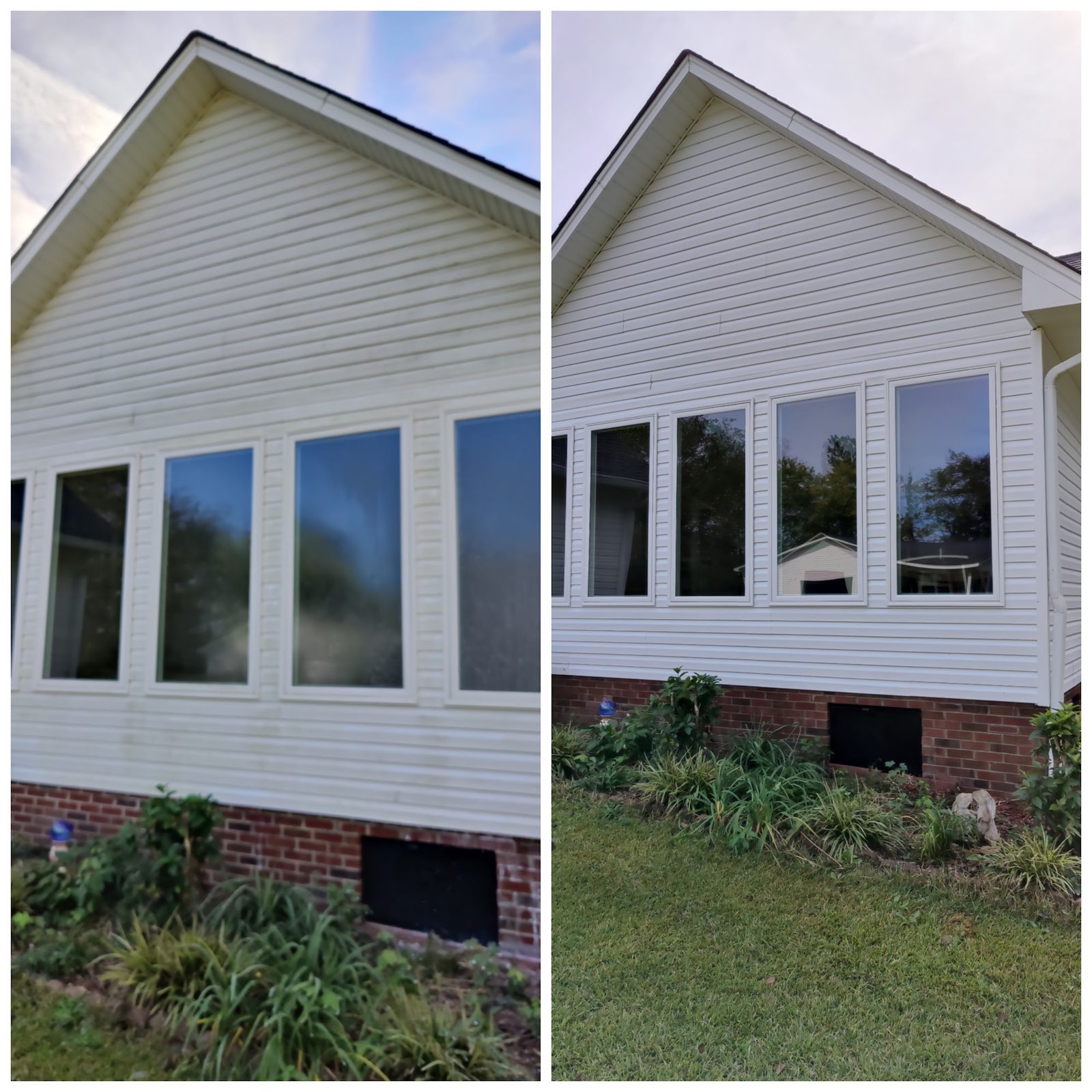 Siding and foundation, algae before and bright after