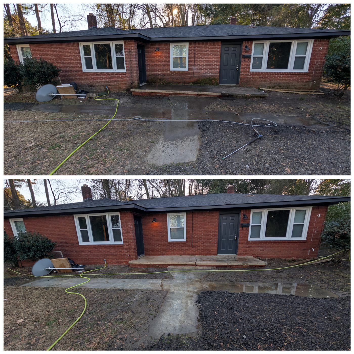 Brick ranch and its front walk, dull before and bright after