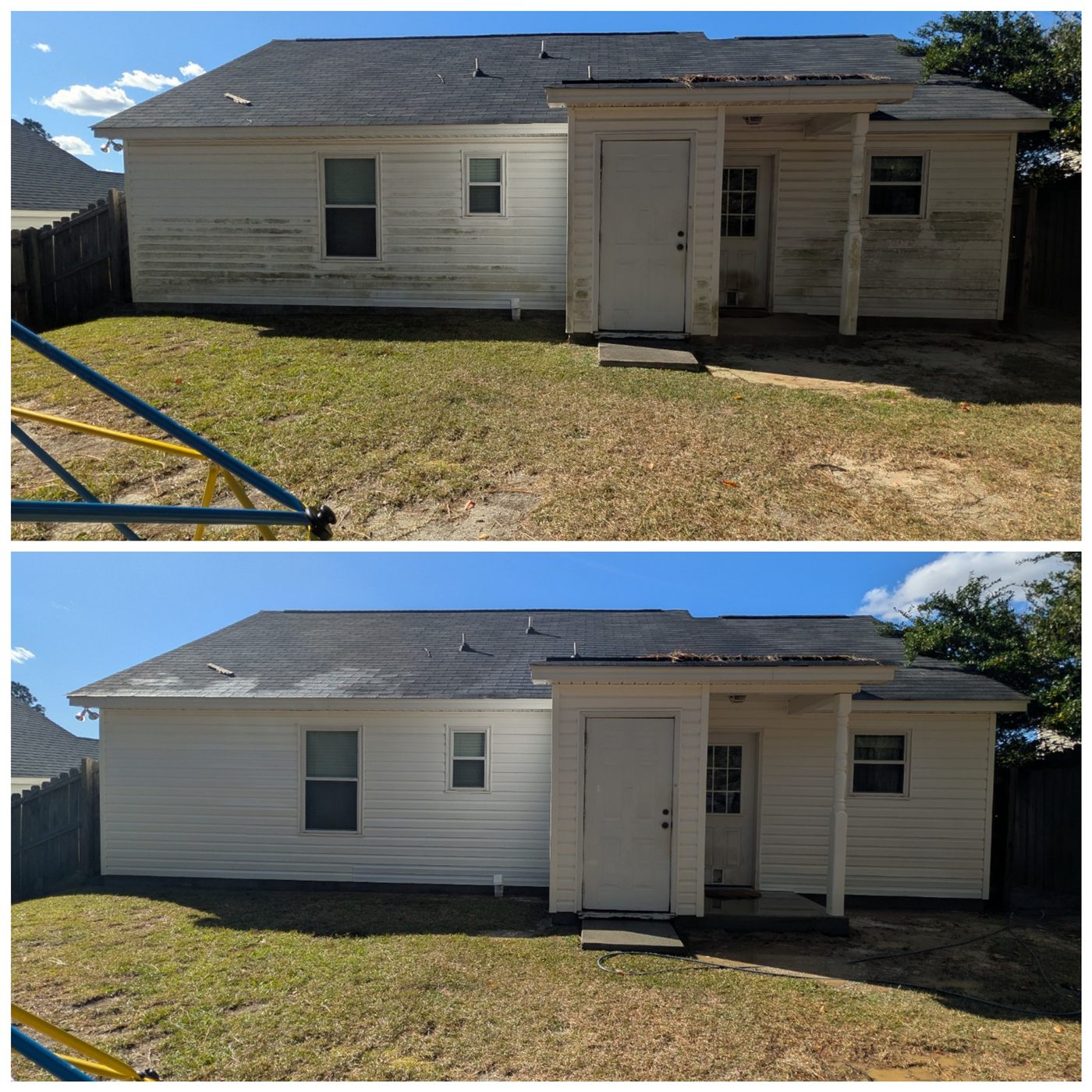 Back of a white vinyl house, green algae along the siding before and clean white after